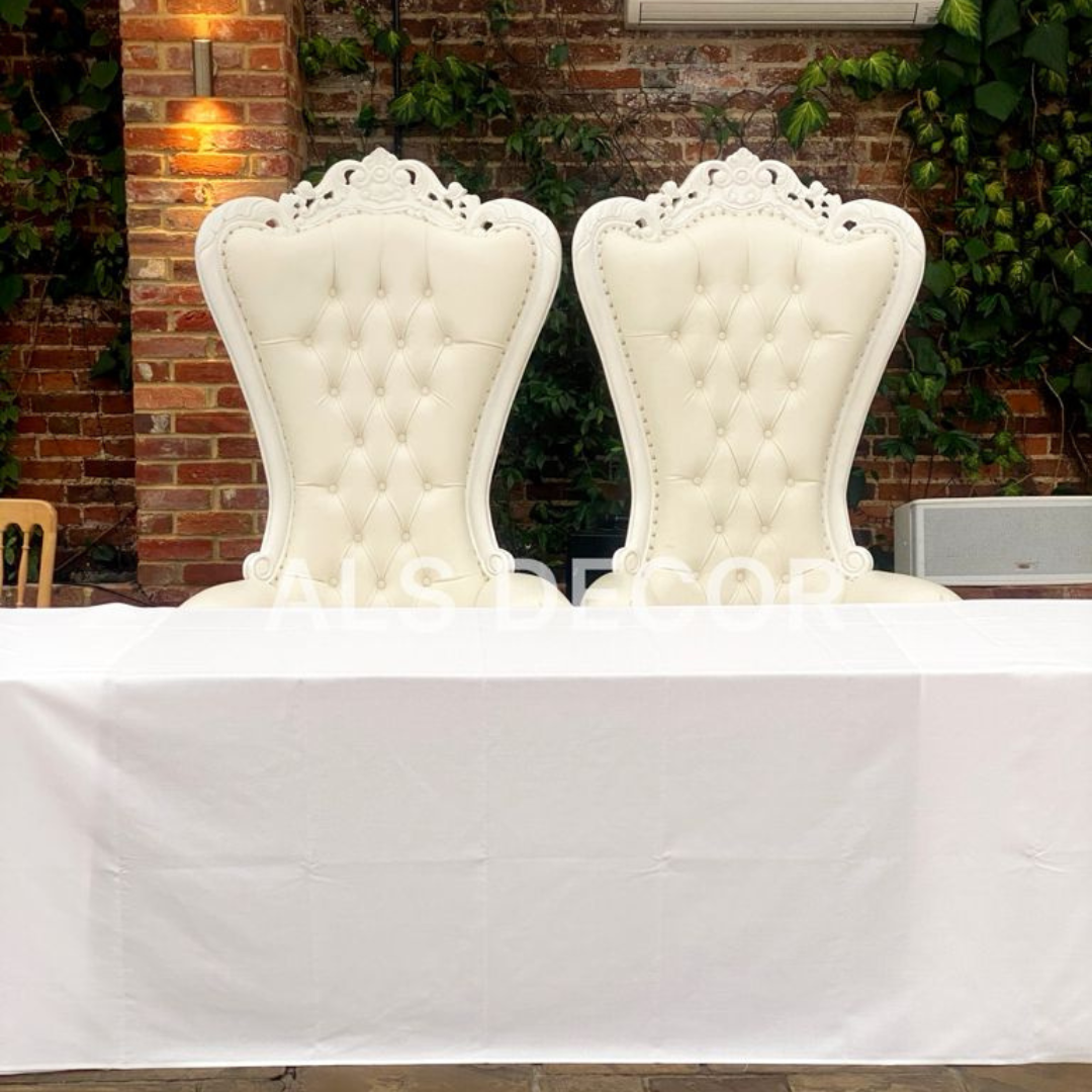 Regal Duo Two White Throne Chairs Rental ALS Decor LTD